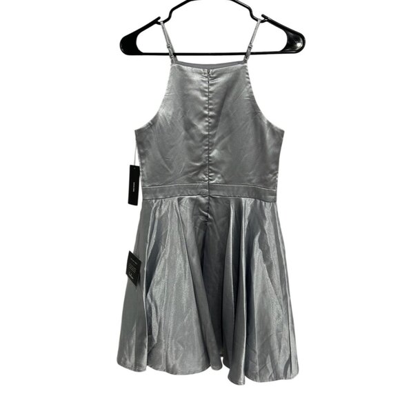 Lulus NWT Silver Satin Halter Tiny Dancer Short Skater Dress Sz Small - Picture 2 of 8